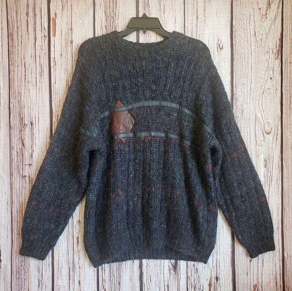 Made in UK St Michael Large Fuzzy Sweater Vintage 80s Leather Wool Blend Men